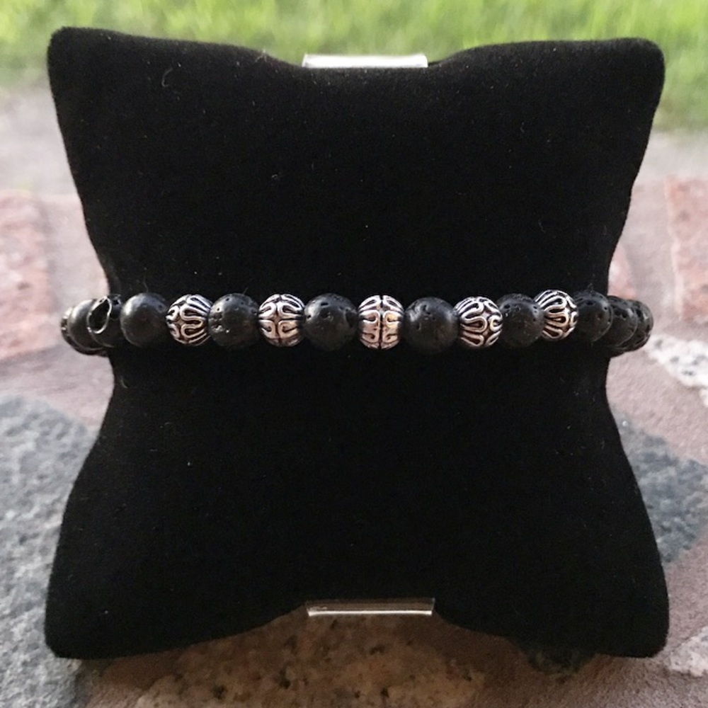 π΄Men or women lava rock 6mm beads silver spacers charms thin bracelet - Picture 3 of 6